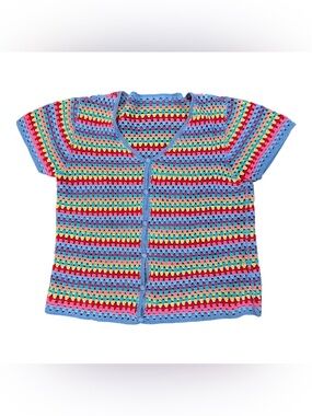 Crochet Rainbow Granny Stitch Cardigan Top Womens M/L Cottagecore Boho Festival